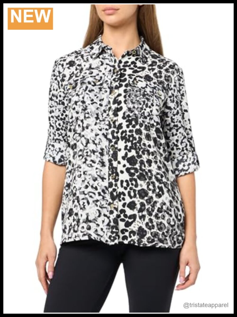 Halston Women's Printed Collared Roll Tab Sleeve Button Up Shirt